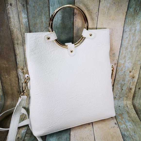 Bebe-White convertible bag with Gold ring Handle - Picture 3 of 5